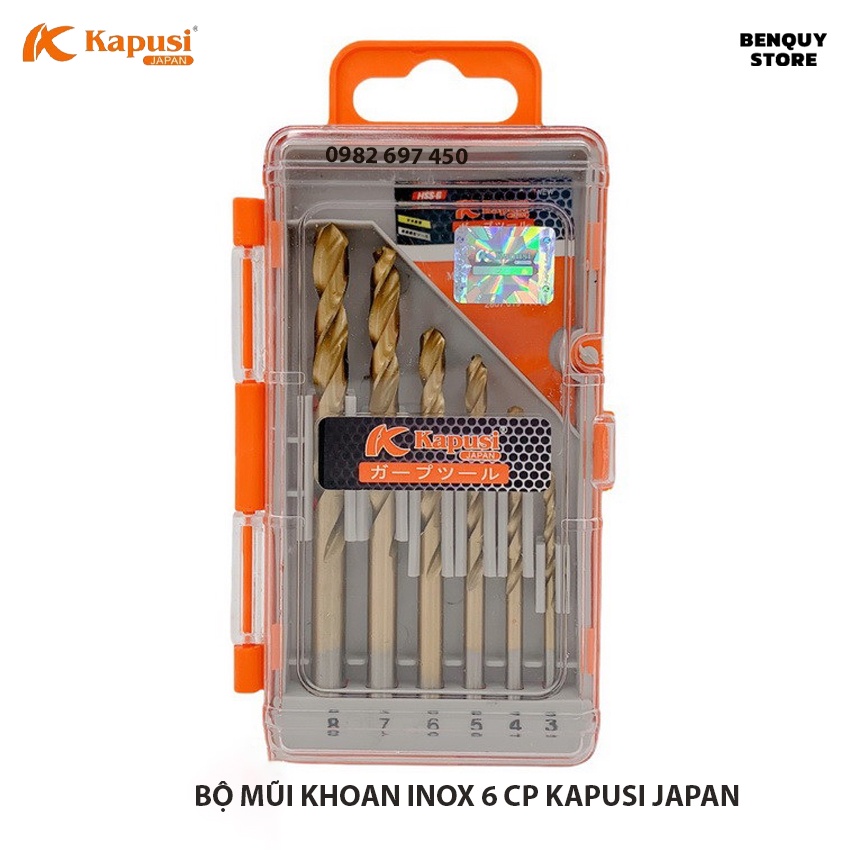 BỘ 6 MŨI KHOAN INOX KAPUSI JAPAN KÍCH THƯỚC TỪ 3 - 8MM, CHUYÊN KHOAN KIM LOẠI - SẮT - THÉP, HÀNG CAO CẤP TIÊU CHUẨN NHẬT