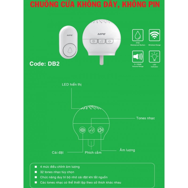 Chuông cửa thông minh không dây không pin MPE DB2 cao cấp