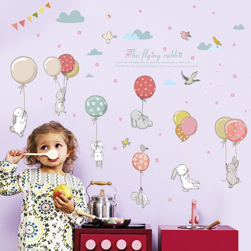 Sticker dán tường họa tiết hình con thỏ và bong bóng bay theo phong cách hoạt hình dùng trang trí phòng cho trẻ nhỏ