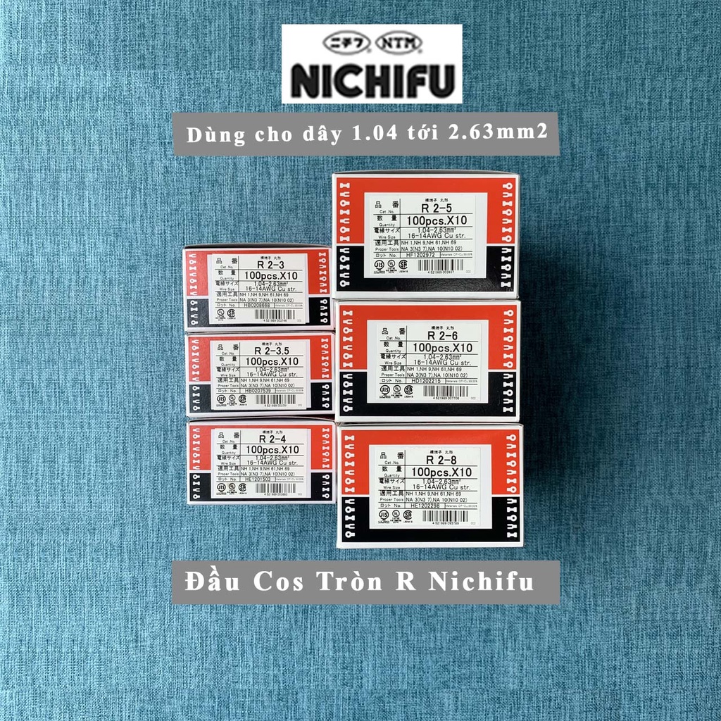 Đầu cos tròn R2 Nichifu Nhật Bản - Đầu cốt Nichifu tròn loại trần -Cho dây 1.04~2.63mm2-R2-3 R2-3.5 R2-4 R2-5 R2-6 R2-8