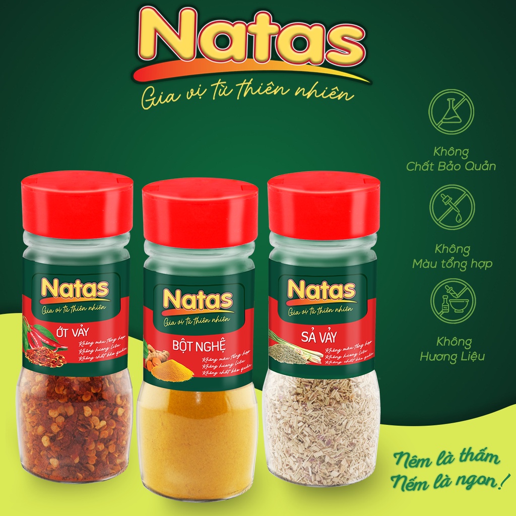 Combo Cari xuýt xoa Natas: Bột nghệ hũ 40g + Sả vảy hũ 40g + Ớt vảy hũ 50g