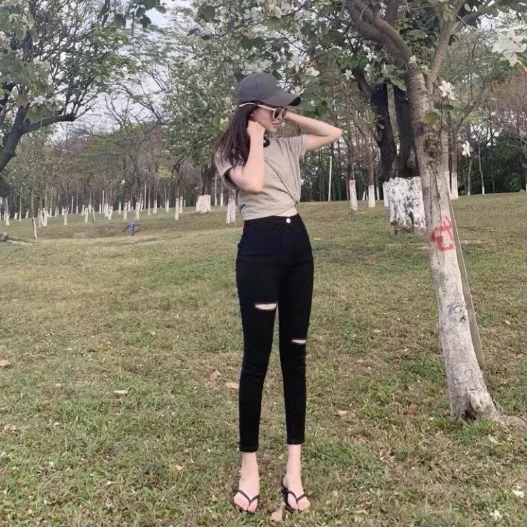 Quần jean dài Bigsize màu đen tuyền lưng cao, rách ngang đùi dành cho 38kg tới 74kg