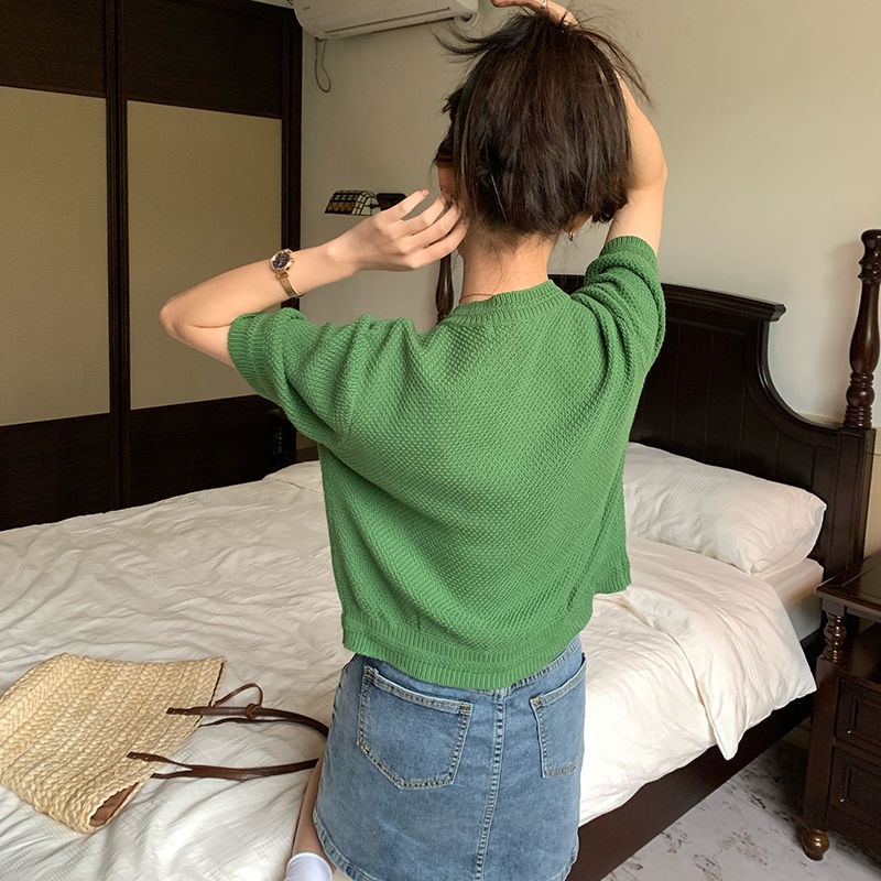 Áo cardigan Tay Ngắn Dáng Rộng Màu Xanh Lá Đậm Phong Cách retro Thời Trang Hàn Quốc