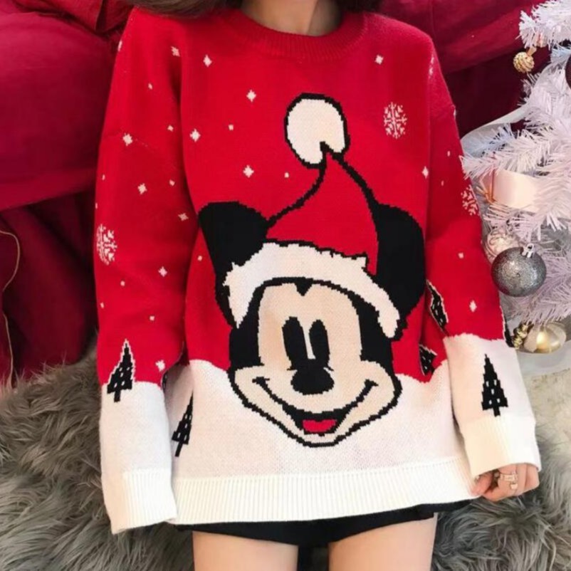 Áo sweater cổ tròn hoạ tiết chuột Mickey phong cách Giáng Sinh