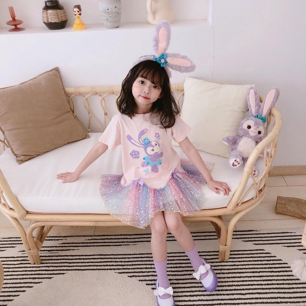 Đầm Cotton Ngắn Tay Phối Lưới Màu Cầu Vồng Họa Tiết Hoạt Hình Cho Bé Gái