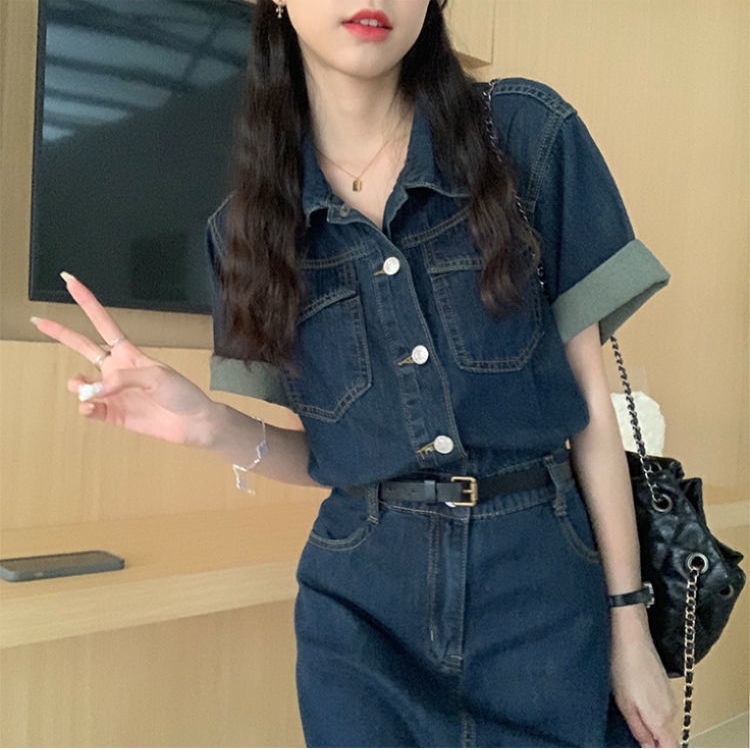 Đầm midi denim Cổ polo Ôm Eo Đơn Giản Thời Trang Hàn Quốc