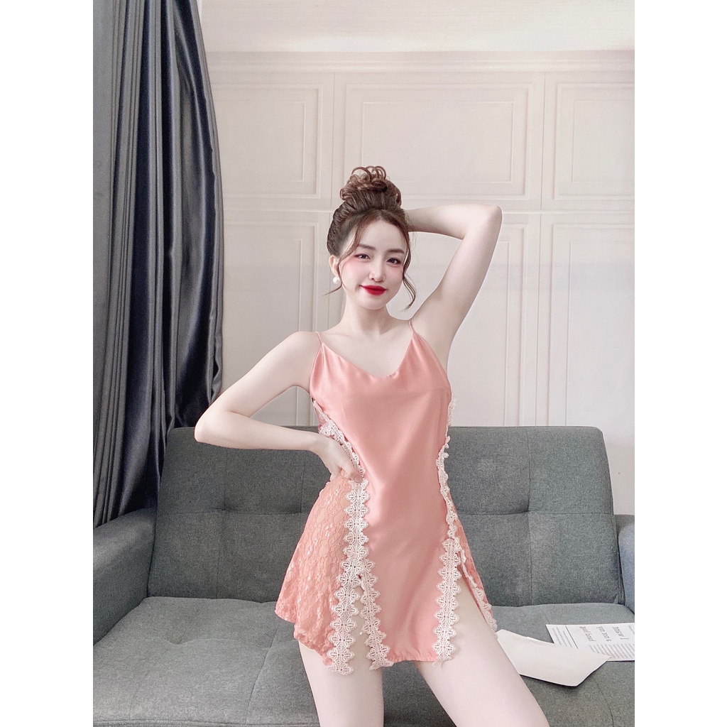 Váy ngủ sexy 2 dây xẻ đùi phối ren eo gợi cảm Hoàng Tình Store lụa satin cao cấp mềm mại kèm quần đùi xinh xắn Freesize