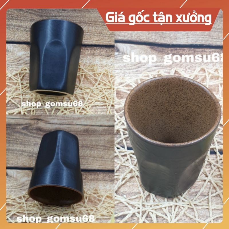 Cốc ly sứ dáng trụ cao 10cm chân cốc lục giác men 2 màu nâu đen.