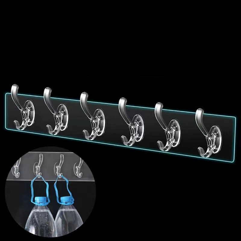 Thanh Treo Đồ Dán Tường 6 Móc Trong Suốt Siêu Dính, Móc Treo Nhà Bếp Nhà Tắm Đa Năng