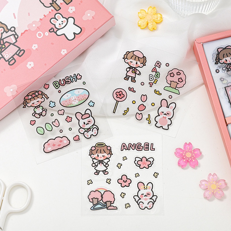 Hộp 100 tờ nhãn dán trang trí bằng PVC họa tiết hoạt hình đáng yêu