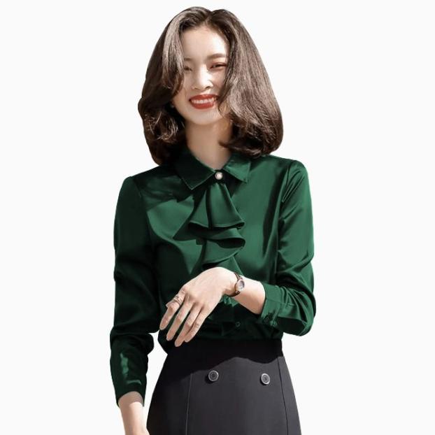 ➥☈✥ Áo Sơ Mi Nhung Hàn Quốc Tay Dài Phối Ruy Băng Đẹp Mắt Kích Thước Bán Chạy Nhất Cho Nữ Công Sở