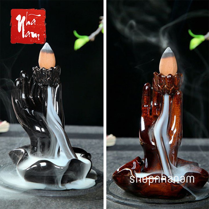 [Bán sỉ] Thác khói trầm hương để bàn niêm hoa vi tiếu tay phật phật thủ màu đen