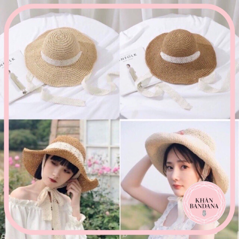 Mũ cói mềm dây ren thắt nơ Nón dây ren phong cách hàn quốc
