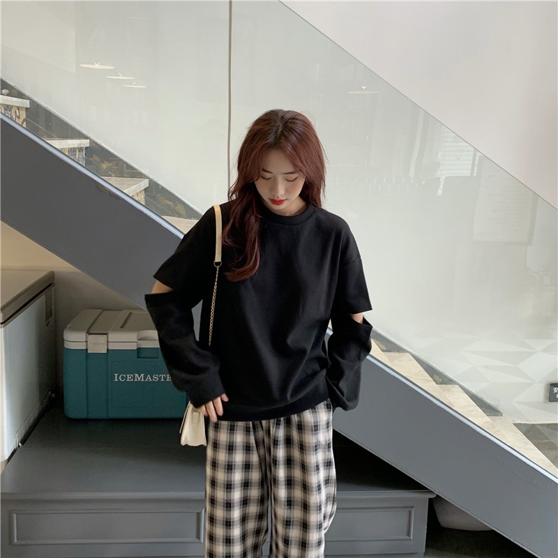 Theodora Áo Thun cotton Tay Dài Xẻ Tà Màu Đen/Tím/Xám Đơn Giản Phong Cách Hàn Quốc Thời Trang Dành Cho Nữ