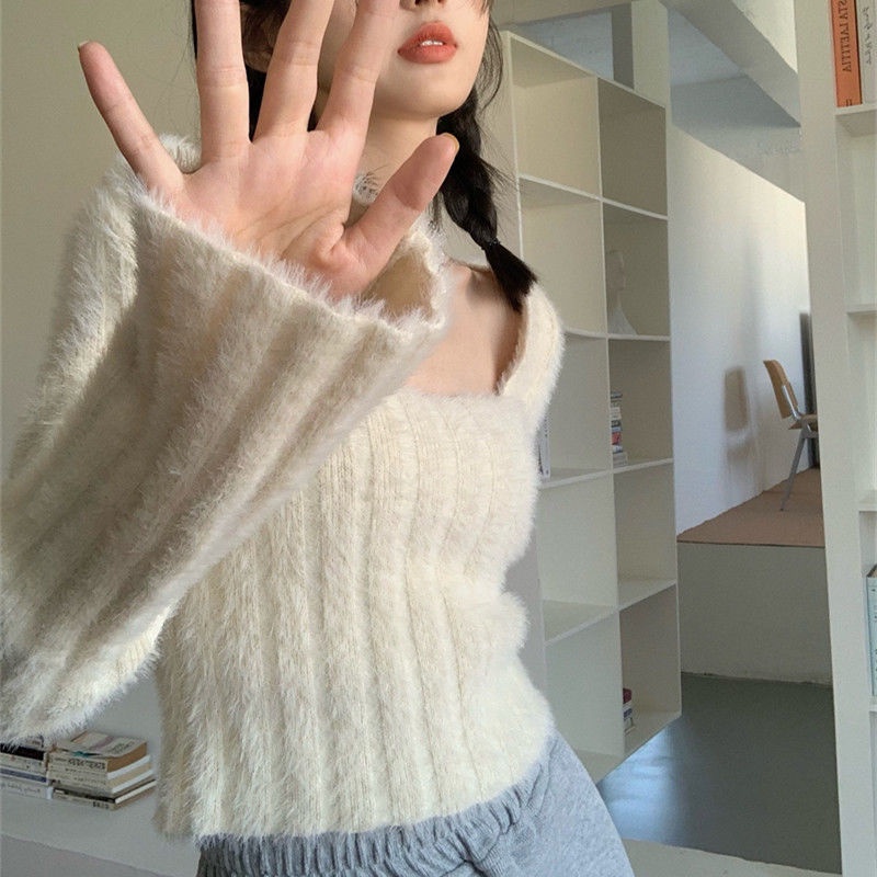 ✠Áo Sweater Dệt Kim Mềm Mại Cổ Vuông Ôm Dáng Thời Trang Thu Đông Cho Nữ
