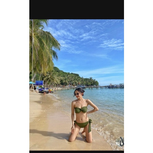 Bikini đồ bơi 2 mảnh áo xoắn xanh rêu