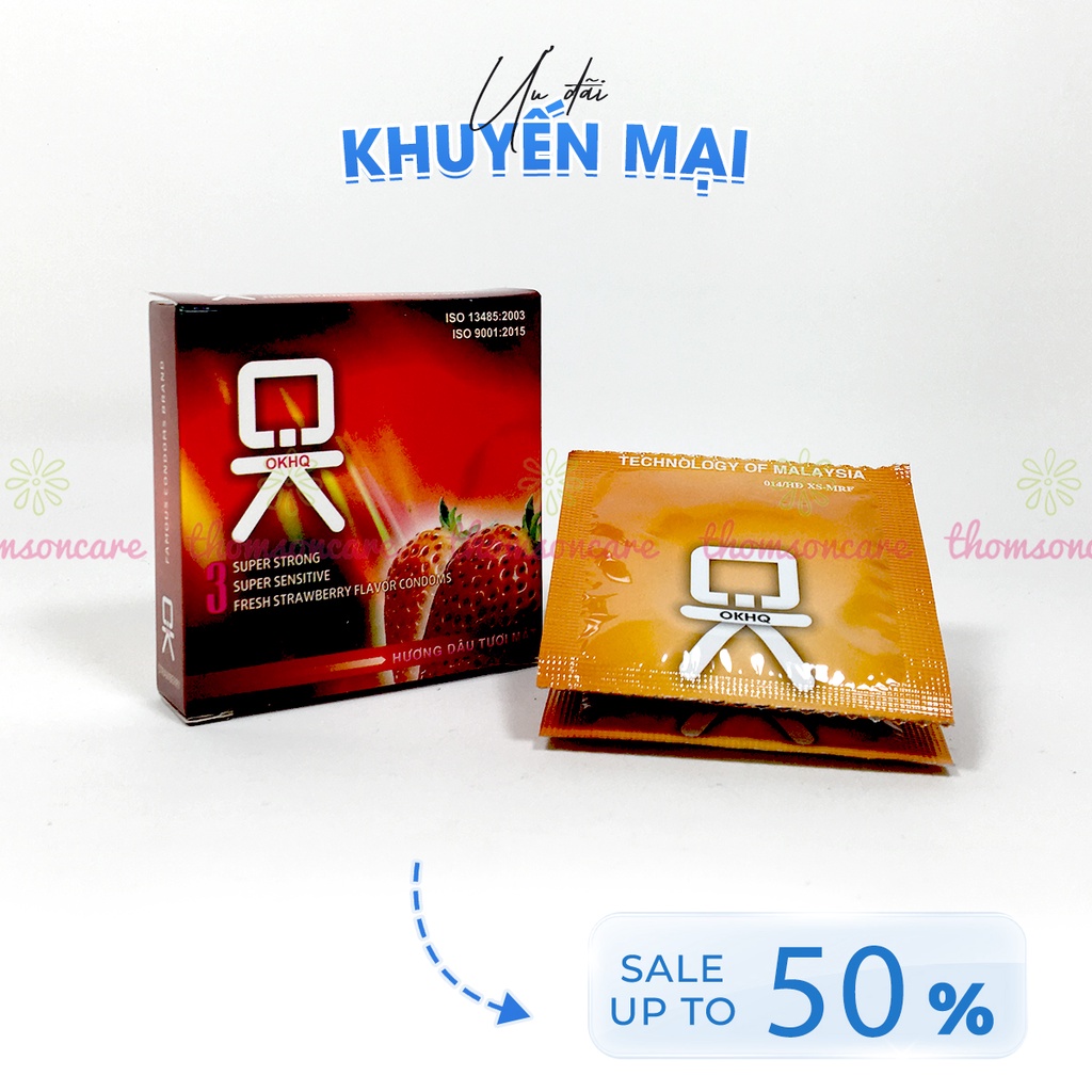 Bao cao su Ok hương dâu - giao hàng kín đáo, che tên sản phẩm - Hộp 3 chiếc bcs condom mỏng