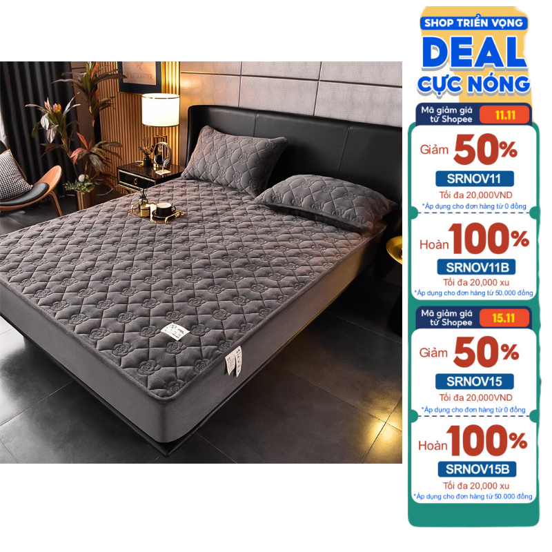 Bộ ga gối nỉ nhung trần hoa 8 cánh, thảm nỉ bo chun bọc đệm cao đến 25cm hàng dày đủ kích thước tặng 2 vỏ gối SHOP chieu
