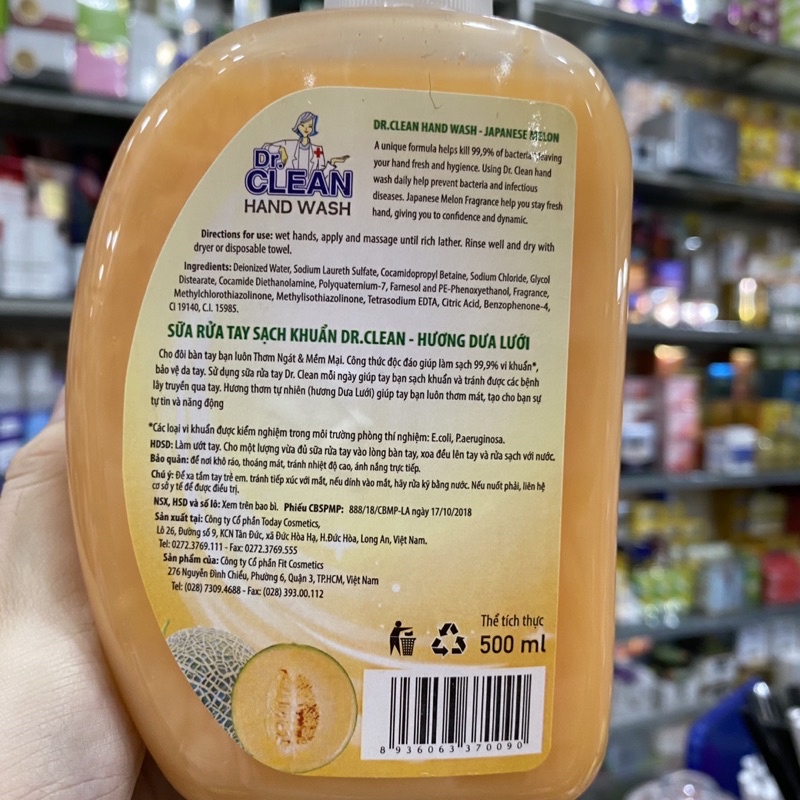 NƯỚC RỬA TAY DR-CLEAN HƯƠNG DƯA LƯỚI CHAI 500ML