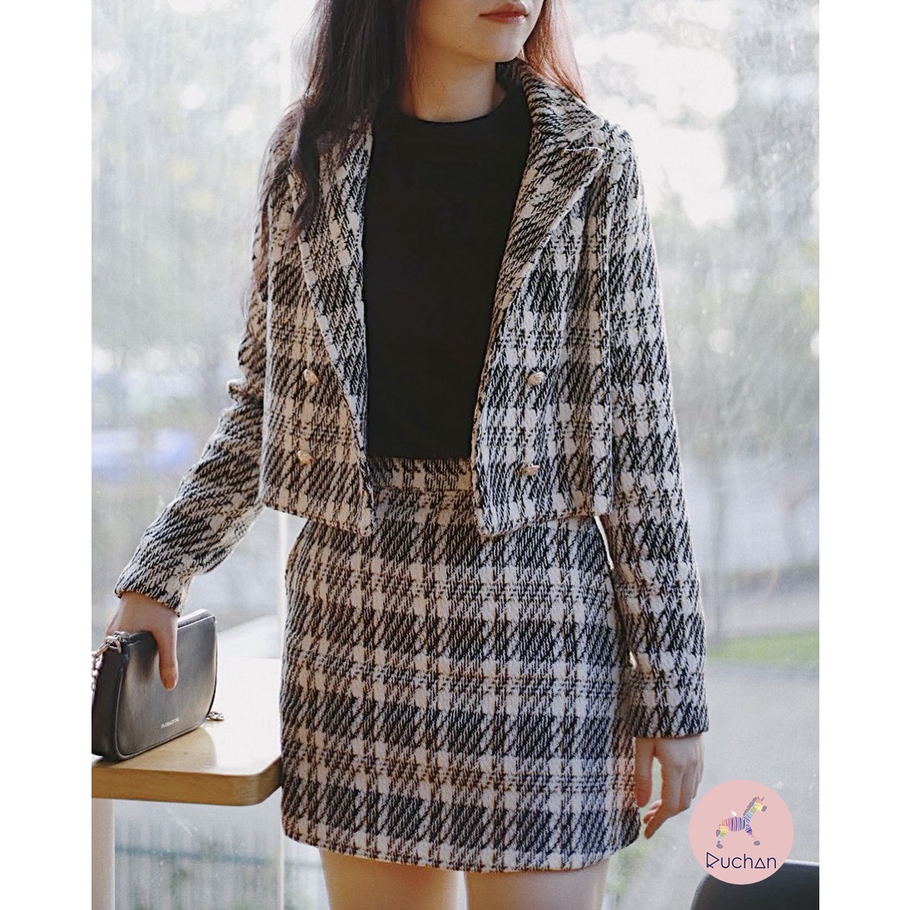 Set Suit vải tweed caro đen trắng Ruchan