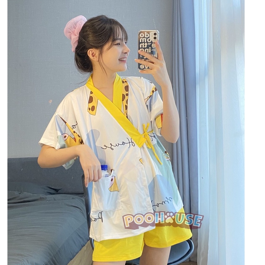 Đồ bộ nữ, bộ đồ ngủ kimono pijama cộc tay mặc nhà chất liệu cotton kiểu Nhật - Poohouse KIMONO-HUOUCAOCO