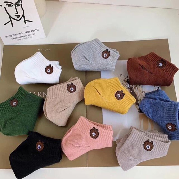 Combo 10 Đôi Tất Gấu Cổ Ngắn Brown Chất Cotton Co Giãn Thoáng Khí Khử Mùi - Vớ Nam Nữ Nhiều Màu Kèm Túi Zip _ TSDL44