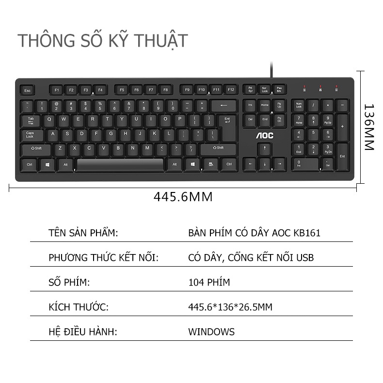 Bàn Phím Máy Tính AOC KB161 Có Dây Chống Ồn Chắc Chắn Siêu Bền