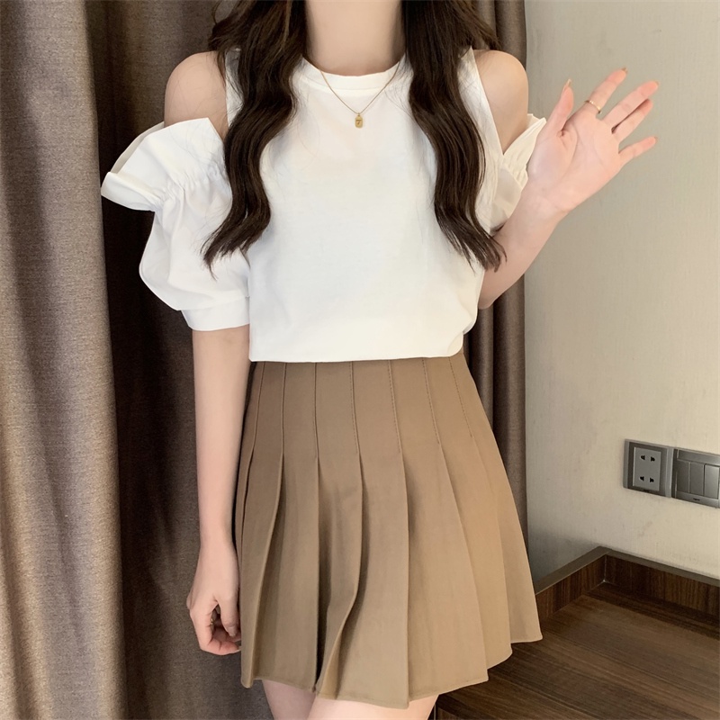 Áo Thun Tay Ngắn Cổ Tròn Hở Vai Màu Trơn Thời Trang Dành Cho Nữ