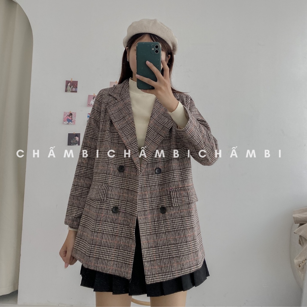 Áo Khoác Blazer Nữ Kẻ Caro Vải Dạ 2 Lớp Freesize&lt;56kg - A.098