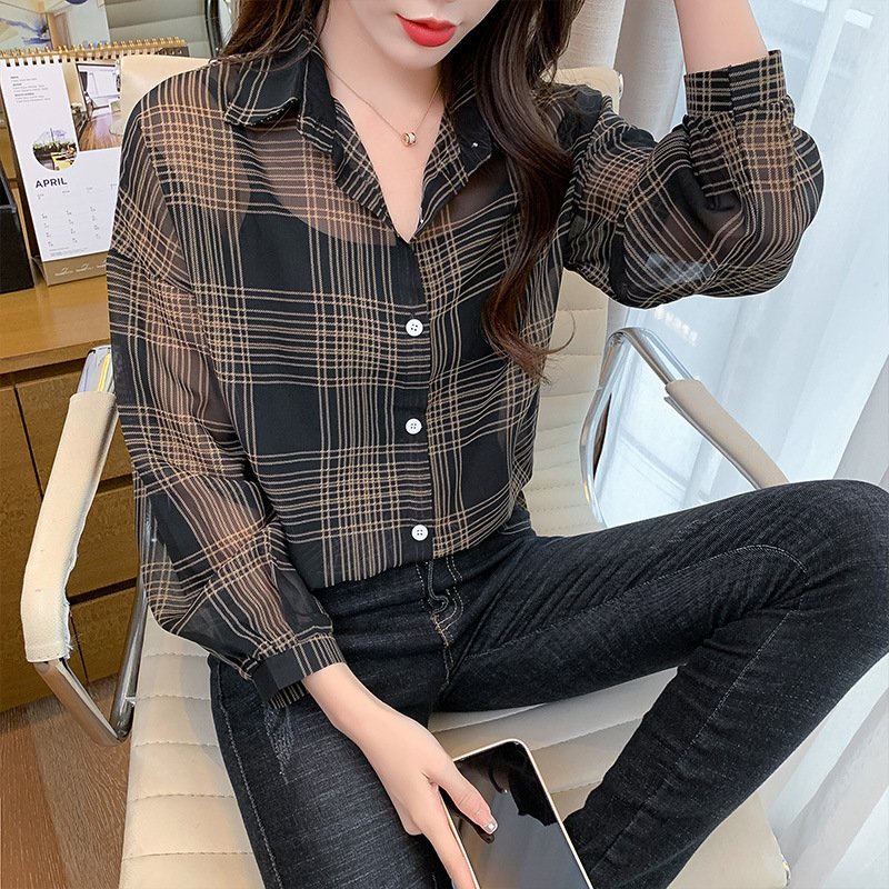 Áo sơ mi dài tay kẻ sọc caro thiết kế dáng rộng phong cách Hàn Quốc thời trang cho nữ