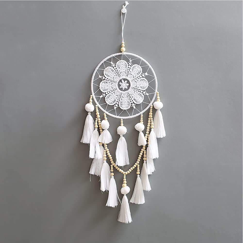 Dreamcatcher màu trắng đính hạt gỗ phối tua rua hình hoa phong cách boho trang trí phòng ngủ / làm quà tặng dễ thương