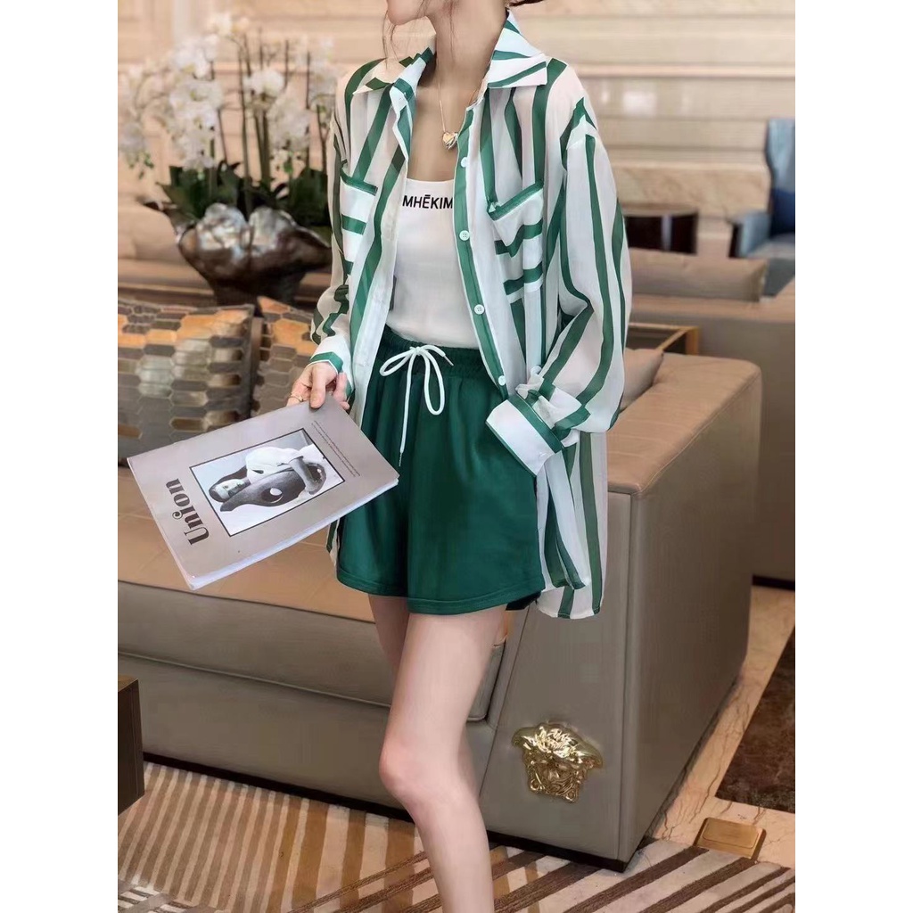 Áo Sơ Mi Tay Dài Kẻ Sọc Thời Trang Mùa Hè Cho Nữ