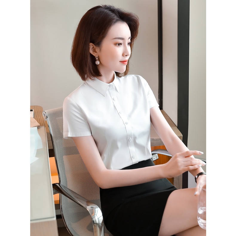 Sơ mi nữ công sở màu trắng, xanh tay cộc, cổ đức cơ bản dáng ôm chất liệu thô Nhật Quyên Fashion AA571