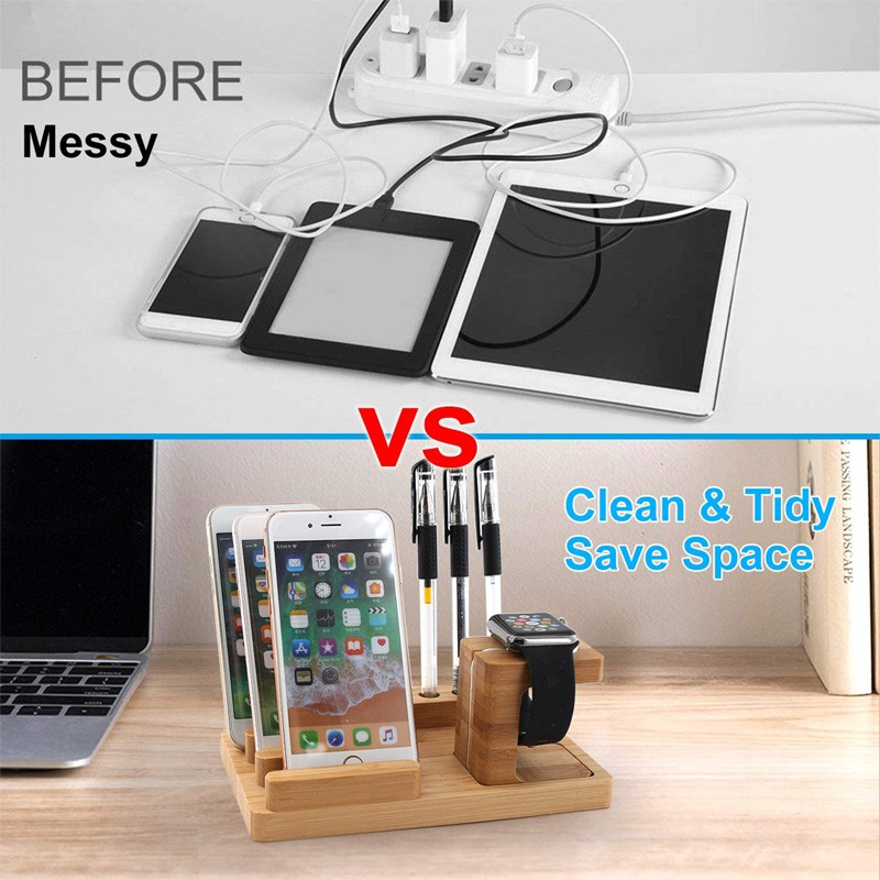 Giá Đỡ Điện Thoại Máy Tính Bảng Apple Watch Pad iPhone Để Bàn Bằng Gỗ Tre 3 Trong 1