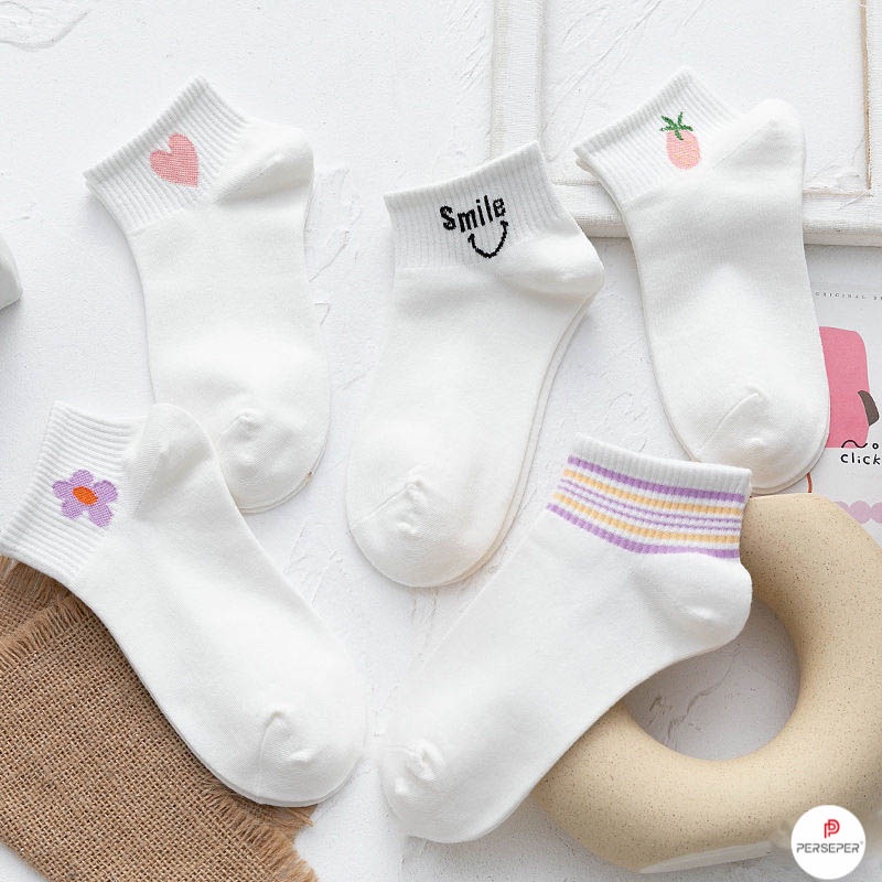 Tất nữ cổ ngắn trắng họa tiết kute, set vớ tất chất liệu vải Hàn co giãn 4 chiều - Cherry Shop