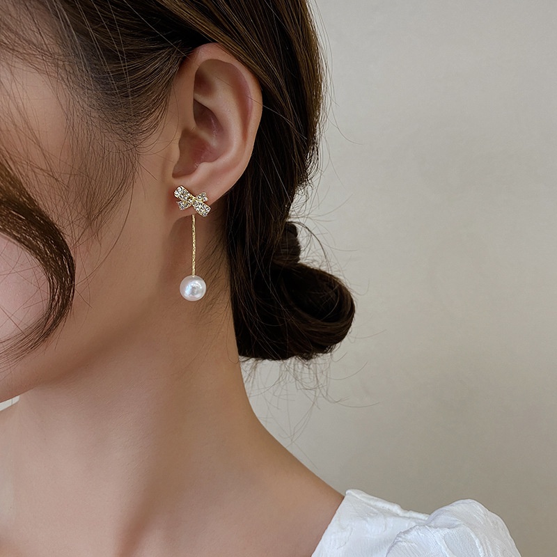 Bông Tai Hình Nơ Đính Ngọc Trai Lấp Lánh Phong Cách Hàn Quốc