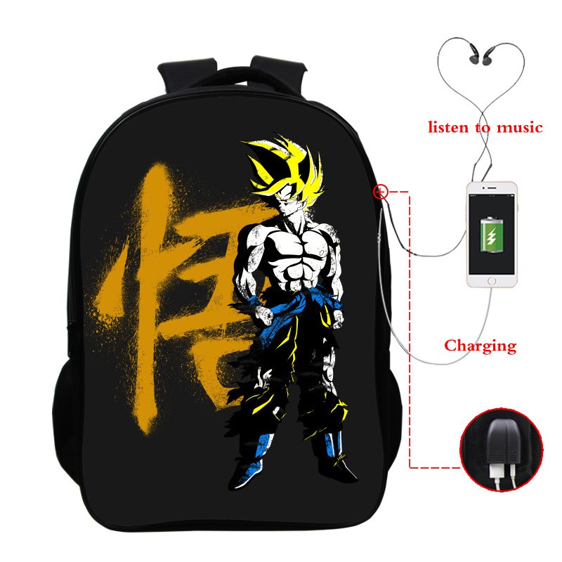 Balo đến trường in họa tiết hoạt hình Dragon Ball có cổng USB sạc lại cho học sinh