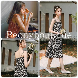 Váy Hai Dây Hoa Nhí Buộc Nơ Nữ [FREESHIP] 🌸 Đầm 2s dáng suông cúc họa mi mặc đi biển màu ĐỎ | ĐEN Ulzzang HOT 🌸