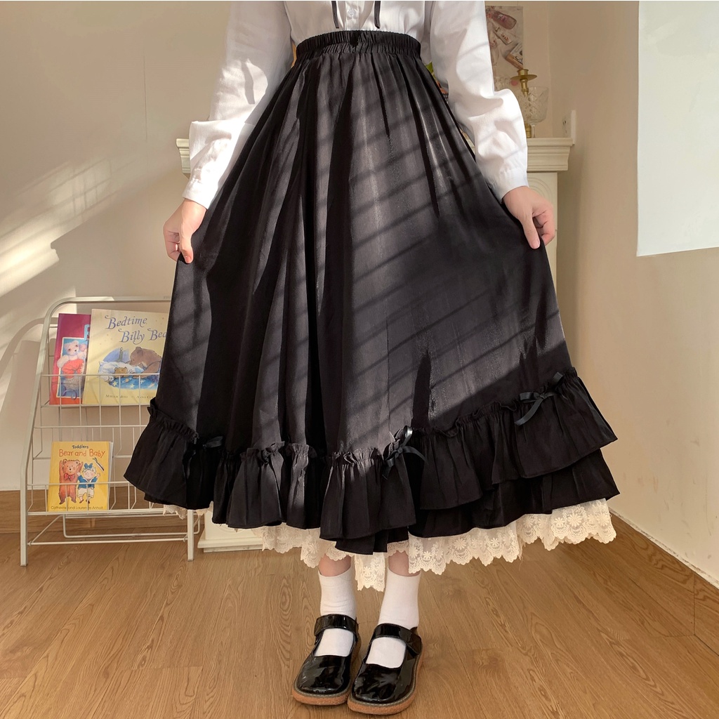 Chân váy dài lót ren trắng style Lolita Nhật Bản
