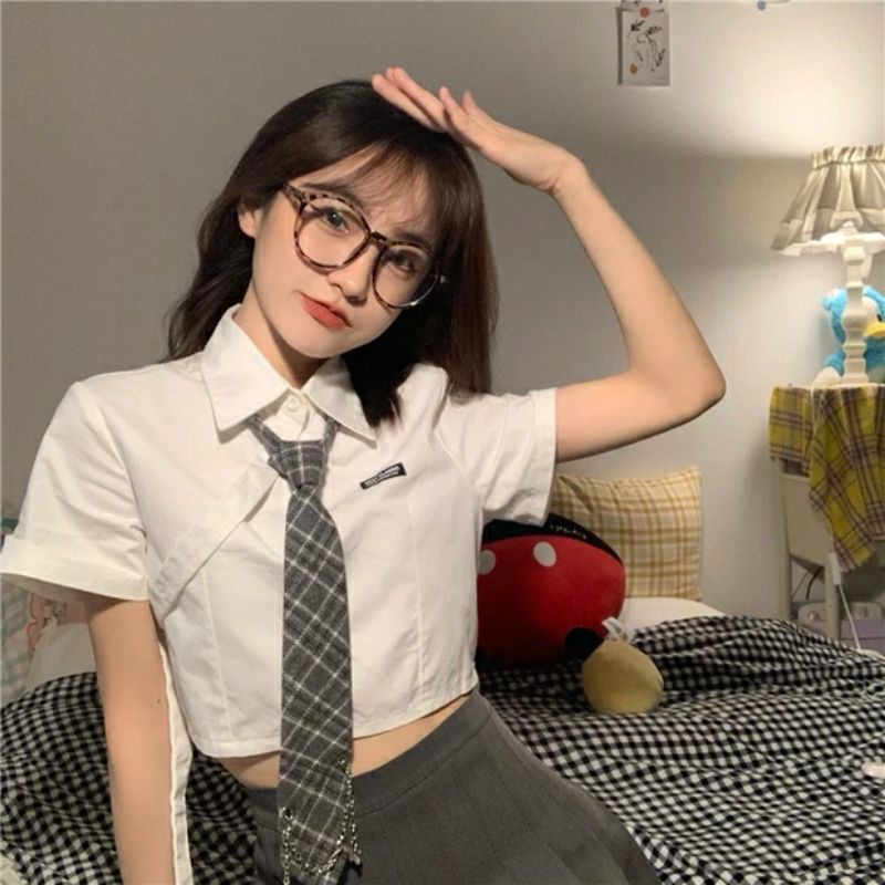 6:30PM Order Set áo đồng phục học sinh ulzzang áo sơ mi tay dài croptop áo vest form rộng chân váy tennis