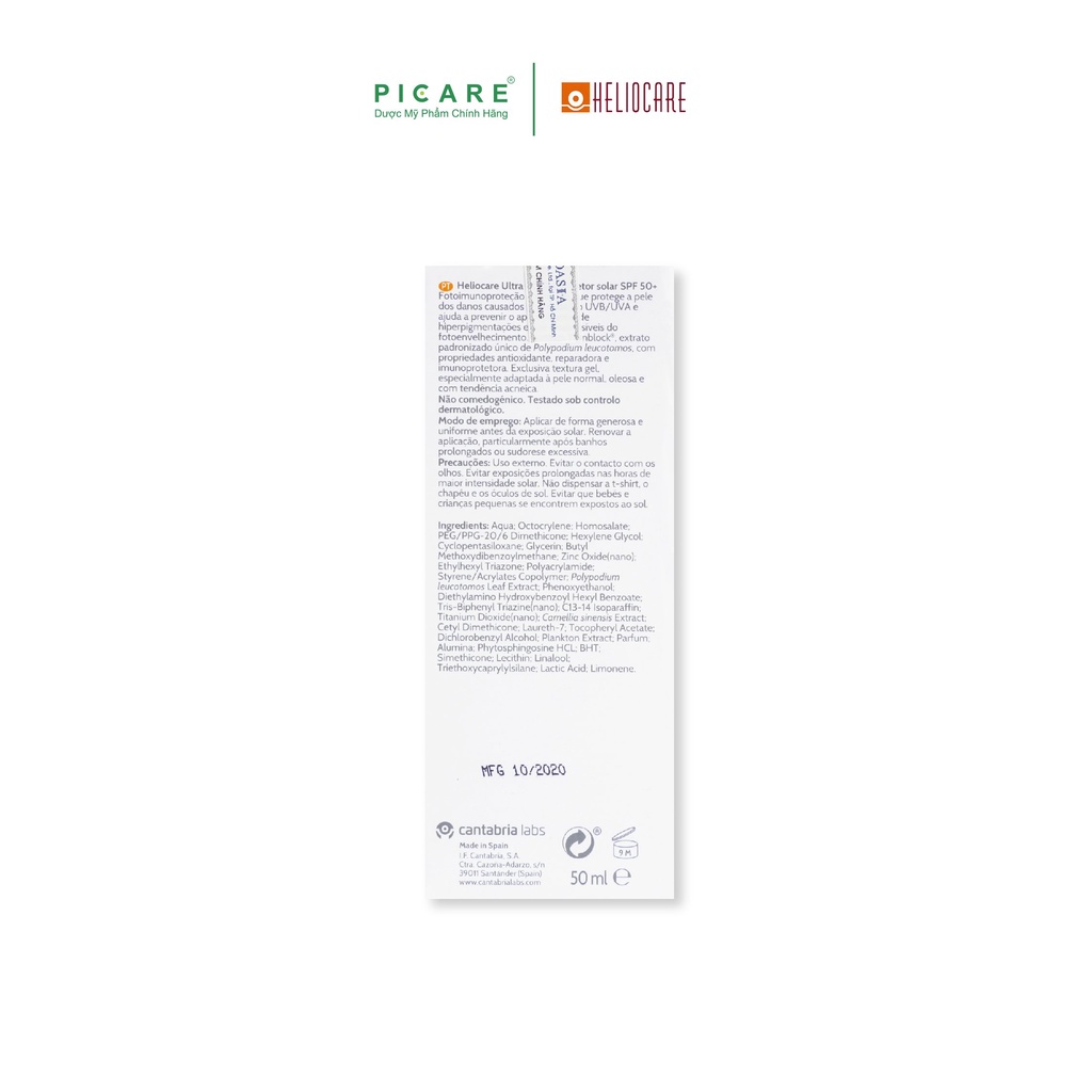 Kem Chống Nắng Dạng Gel Cho Da Thường, Da Nhờ, Da Mụn Và Da Hổn Hợp Heliocare Ultra 90 Gel Sunscreen SPF50+ 50ml