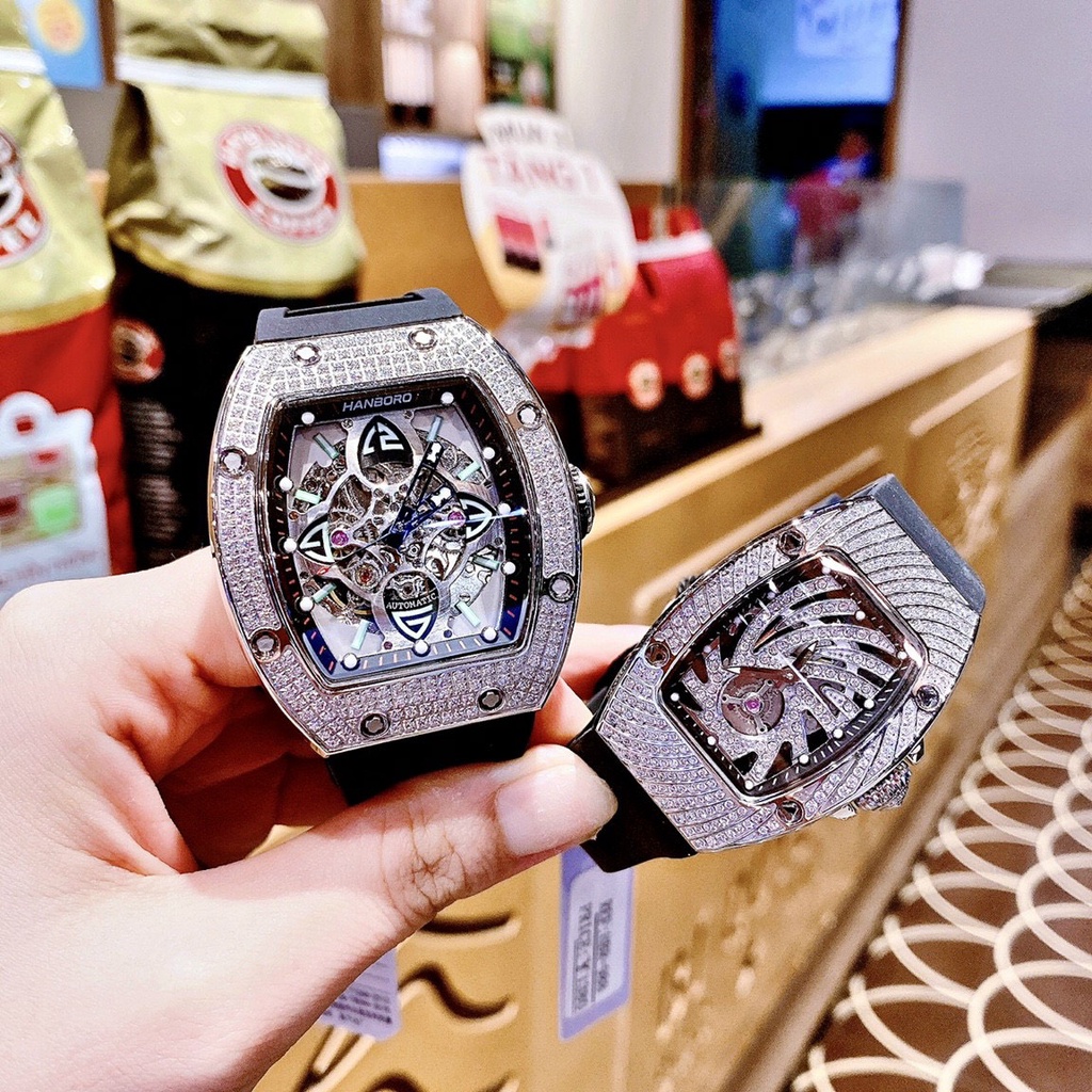 Cặp Đôi - Đồng Hồ Nam Nữ Hanboro Nam Máy Automatic, Nữ Máy Pin , Dây Cao Su , Size 36mm/48mm