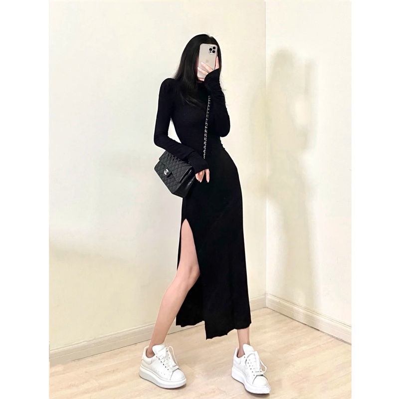 [Set] Đầm cổ cao xẻ tà rừng cây retro