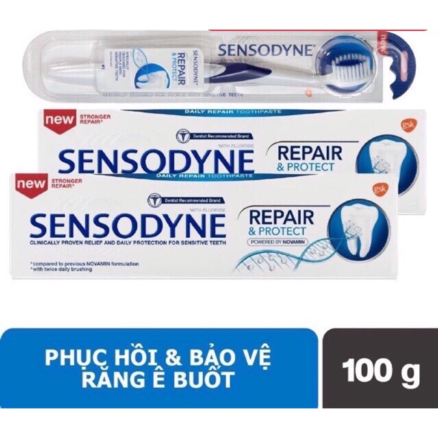 Bộ 2 kem đánh răng Sensodyne Repai Protec+ Tặng 1 bàn chải Sensodyne Repai Protec cho răng ê buốt