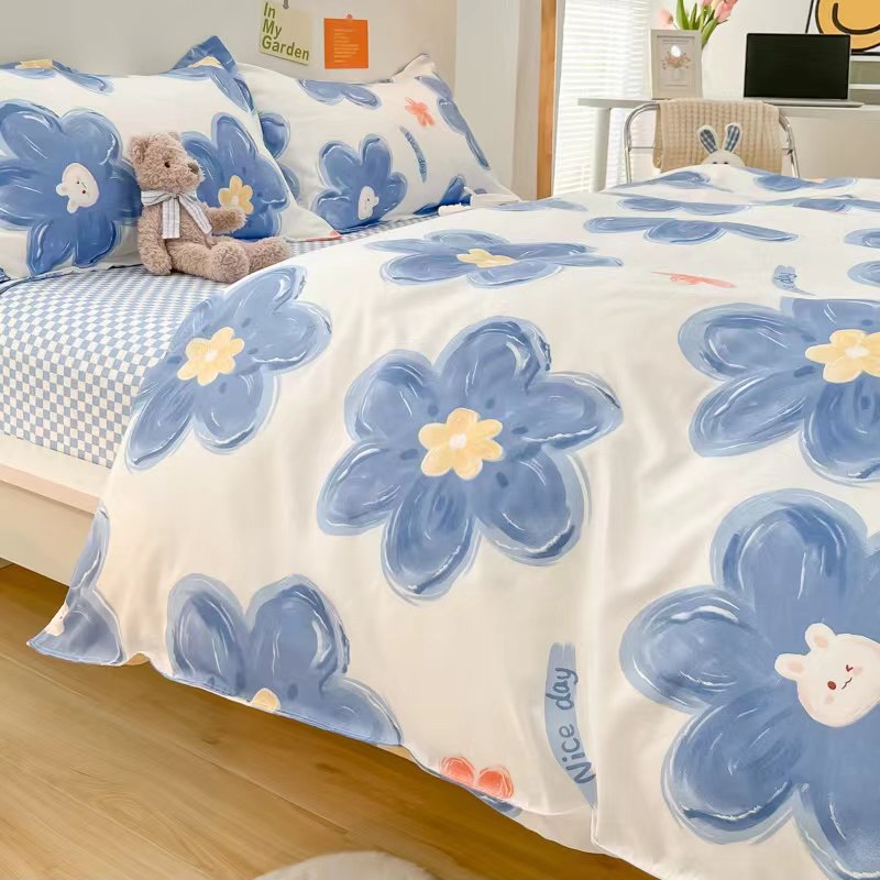 Bộ chăn ga gối cao cấp ETAMI cotton poly hoa xanh cute miễn phí bo chun drap giường , ga trải giường