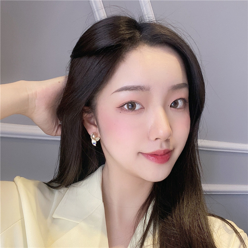 Korea Hollow Colored Diamond Mermaid Tail Pearl Stud Earrings Female Temperament All-match Earrings Ear Clips