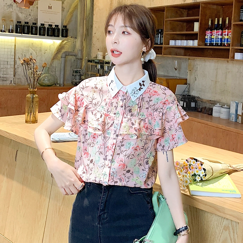 2020 New Chiffon Fashionable Korean Pink Floral Summer Short Sleeve Women Blouse Tops