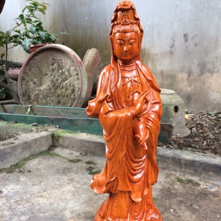 Tượng gỗ mẹ phật quan âm đổ bình nước kt 60 18 18 gỗ hương đá