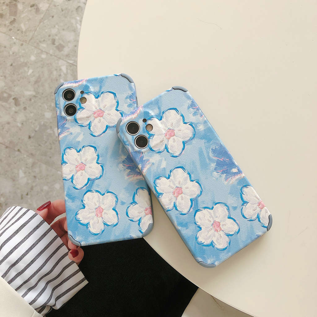 Blue oil painting flowers Soft Leather Ốp Vivo V20 Pro V9 Y81i Y50 Y17 S1 Y19 Y30 Y12 V11i Y81 Y15 X20 Y85 X30 OPPO A53 A5 A9 2020 A31 A92 R9s A12 Reno 4Z A7 F9 A3s A12e A5s Case