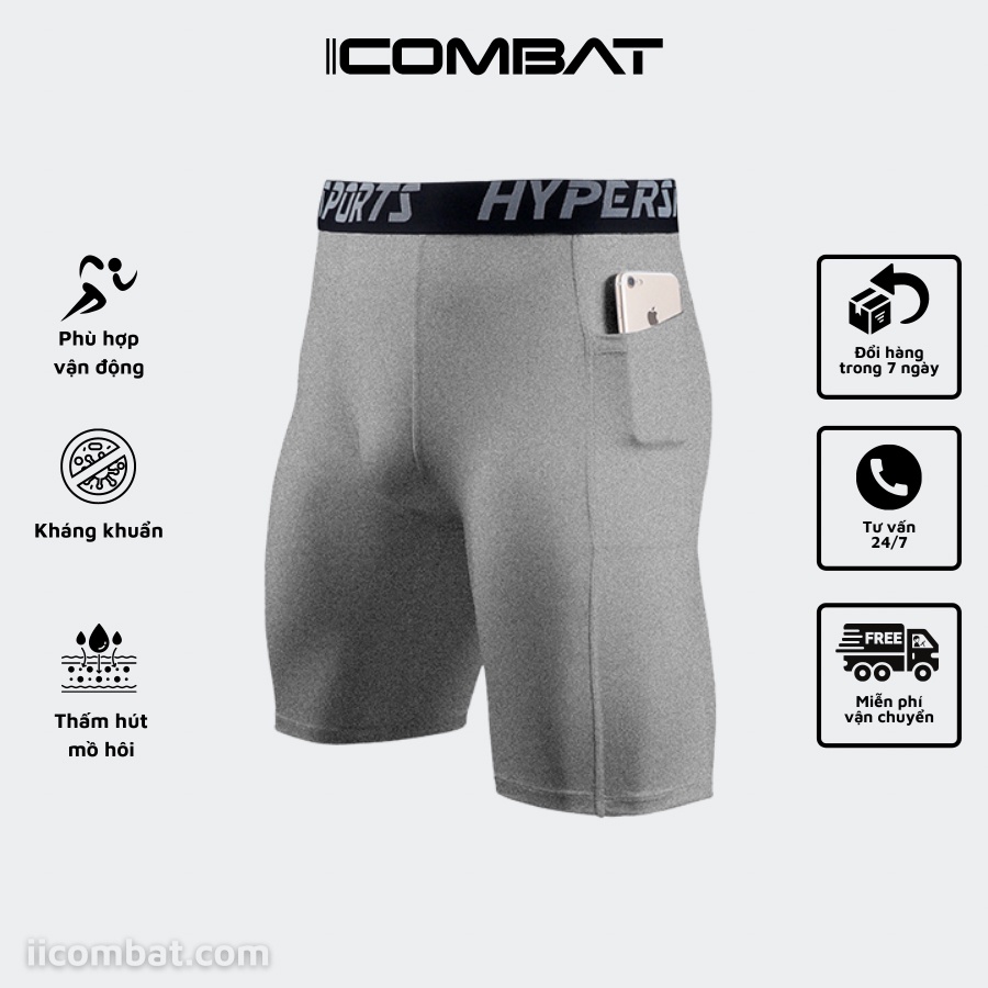 Quần Legging Ngắn ICOMBAT BBS WEAR - Quần thể thao nam dáng ngắn có túi chuyên GYM Xuất Nhật (Xám - MA70X)